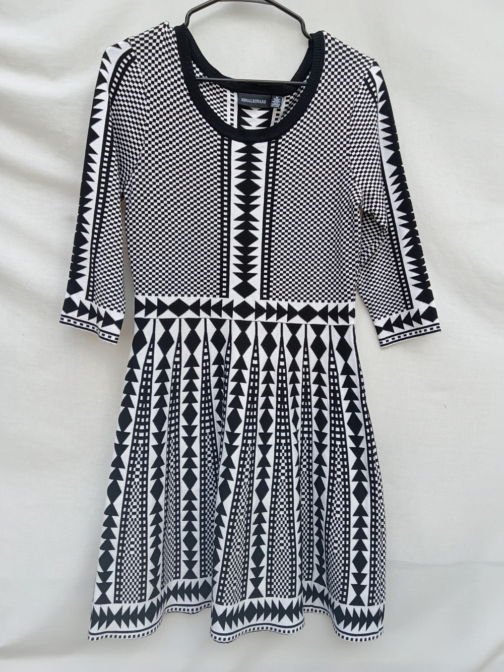 Nina Leonard Black and White Long Sleeve Geometric Fit-and-Flare Sweater Dress